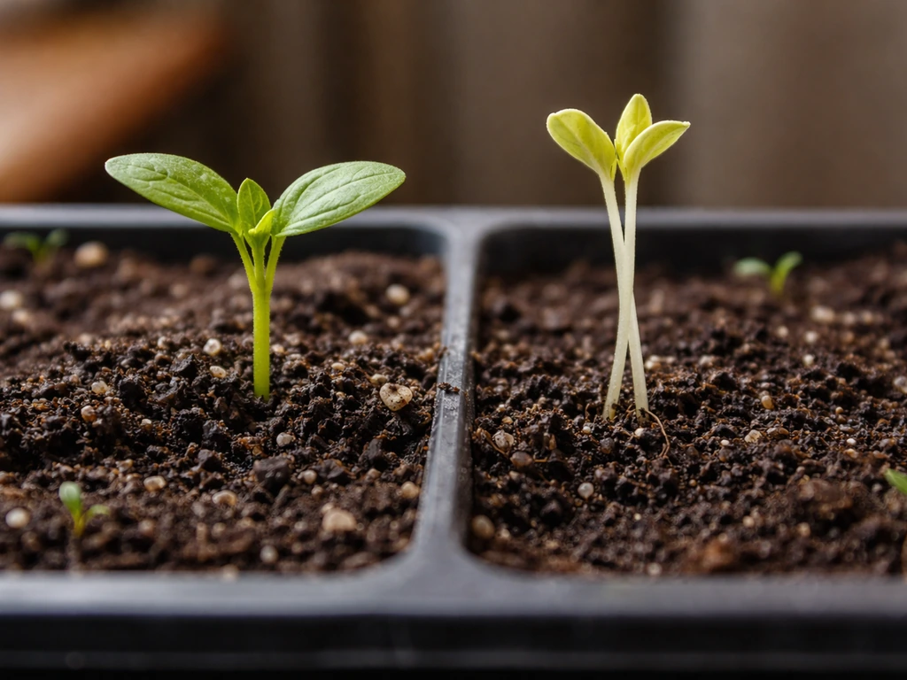 Two seedlings side-by-side: one greener and strong, the other pale with elongated weak growth under low light.