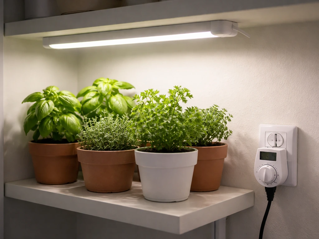Green herb plants under a timed grow light with a small outlet timer on the shelf.