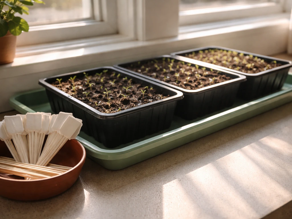 Sunlit windowsill with seedling trays and soft sunbeam lighting, minimal scene for quick sunlight guidance.