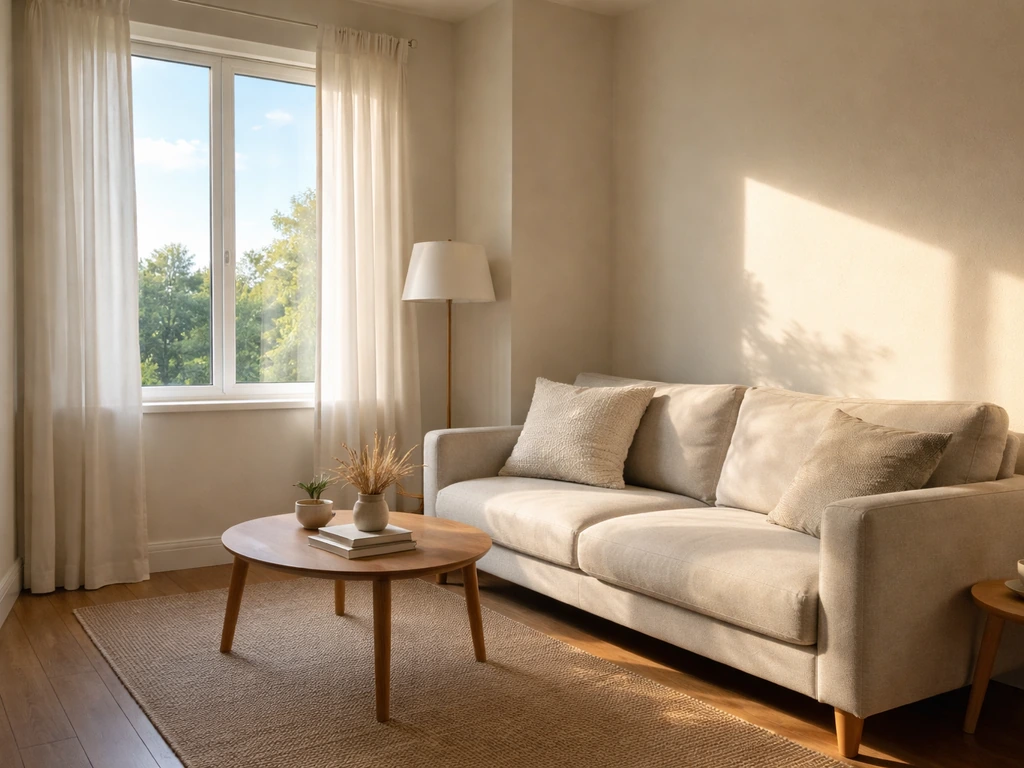 Minimal living room with sunlight from different window directions, showing bright morning and afternoon light