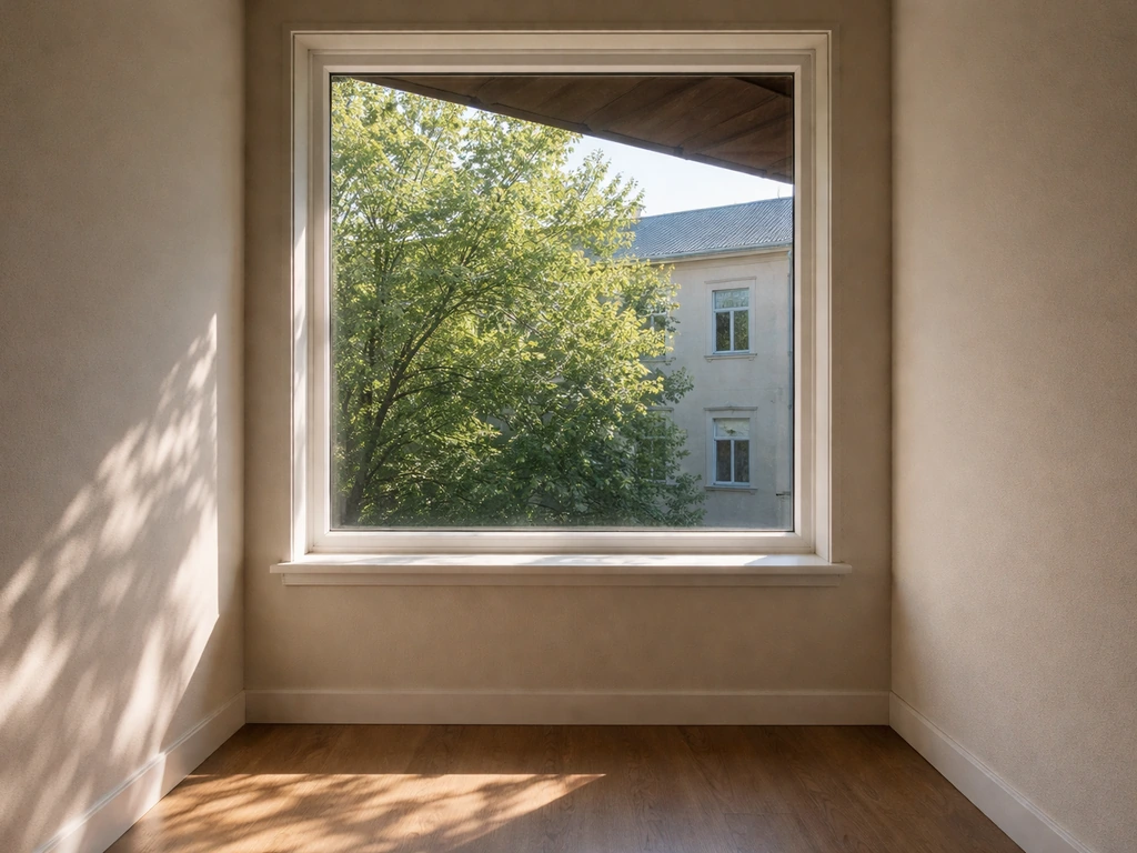 Window with tree canopy, overhang, and neighboring building casting shadows into a dim indoor area.