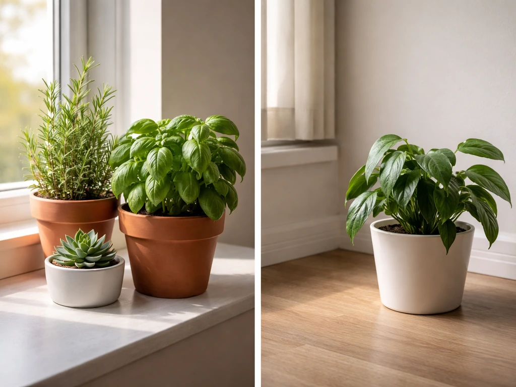 Sunlit herbs and succulents near a bright window versus a darker low-light plant farther away.