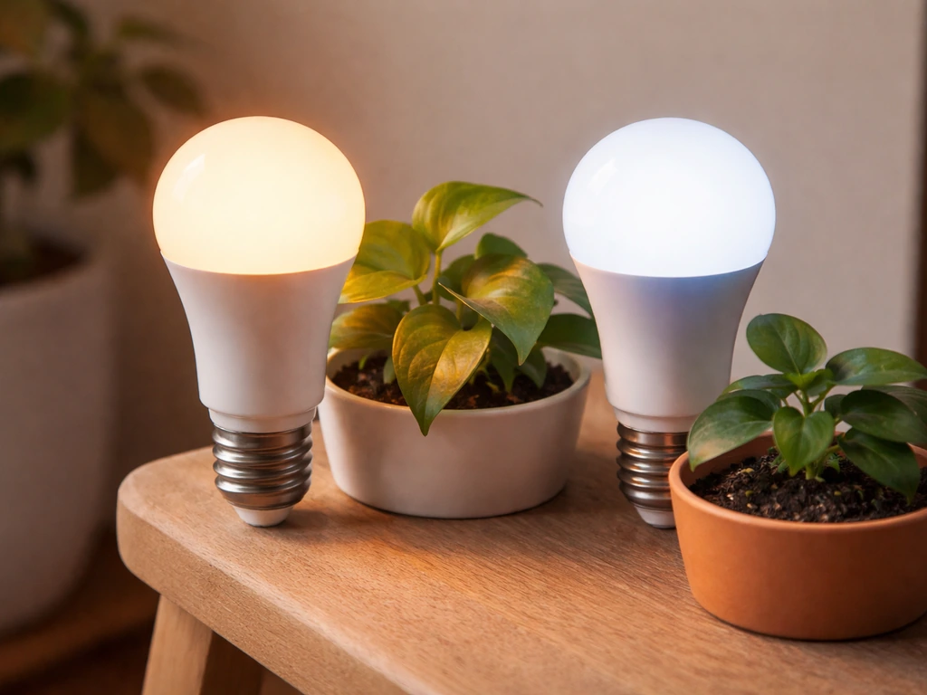 Warm and cool white LED bulbs glowing side-by-side, lighting nearby potted plants in different tones.
