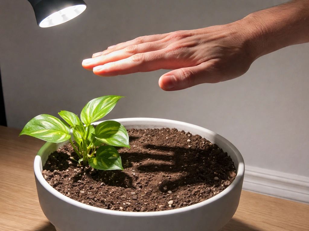Hand hovering above a potted plant under an LED light, casting a sharp shadow on the soil.