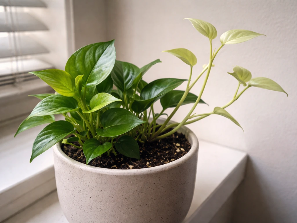 Close-up of a potted houseplant showing compact healthy new growth next to leggy pale new growth
