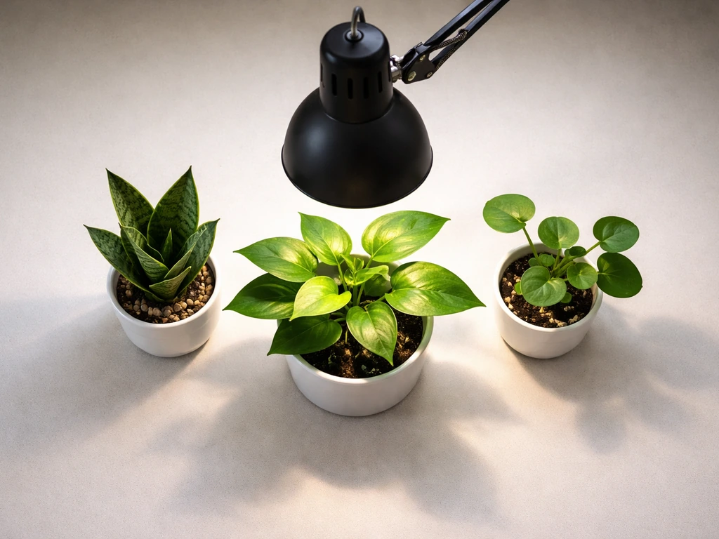 Top-down view of desk lamp aimed at potted plants’ leaves for even overhead light.