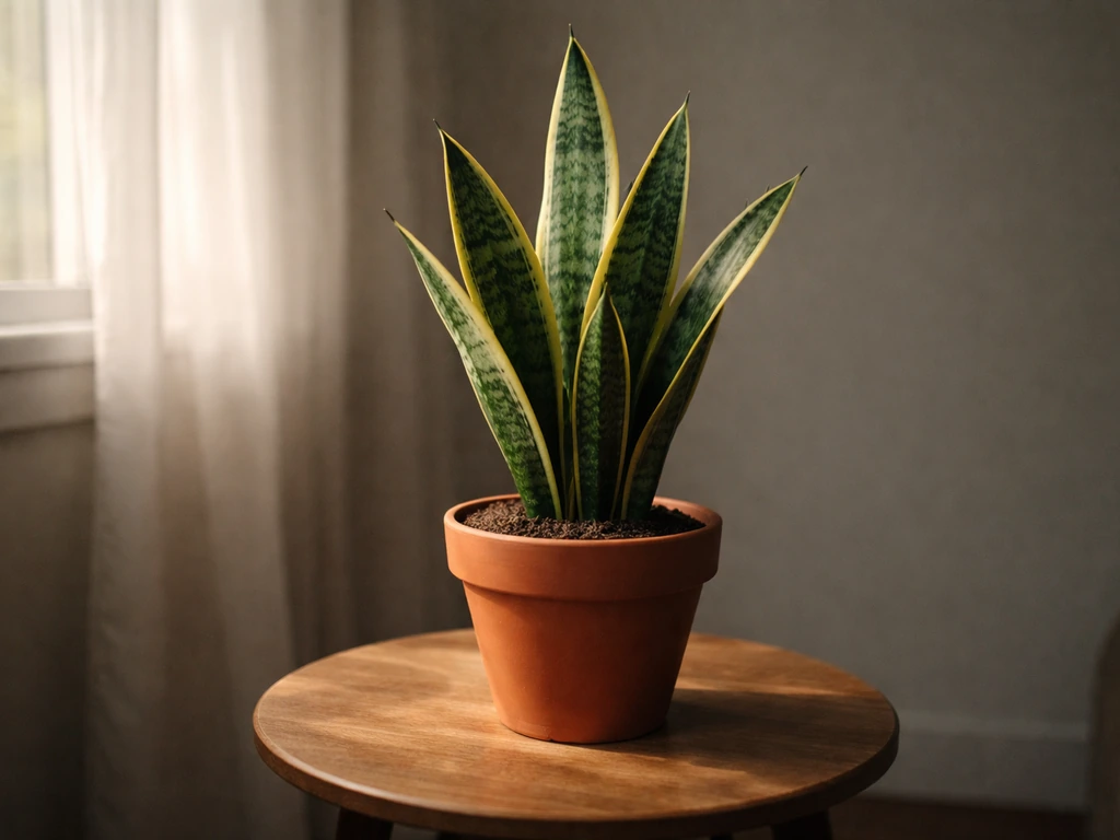 Healthy snake plant by a window in a dim room with soft natural light and gentle leaf shadows.