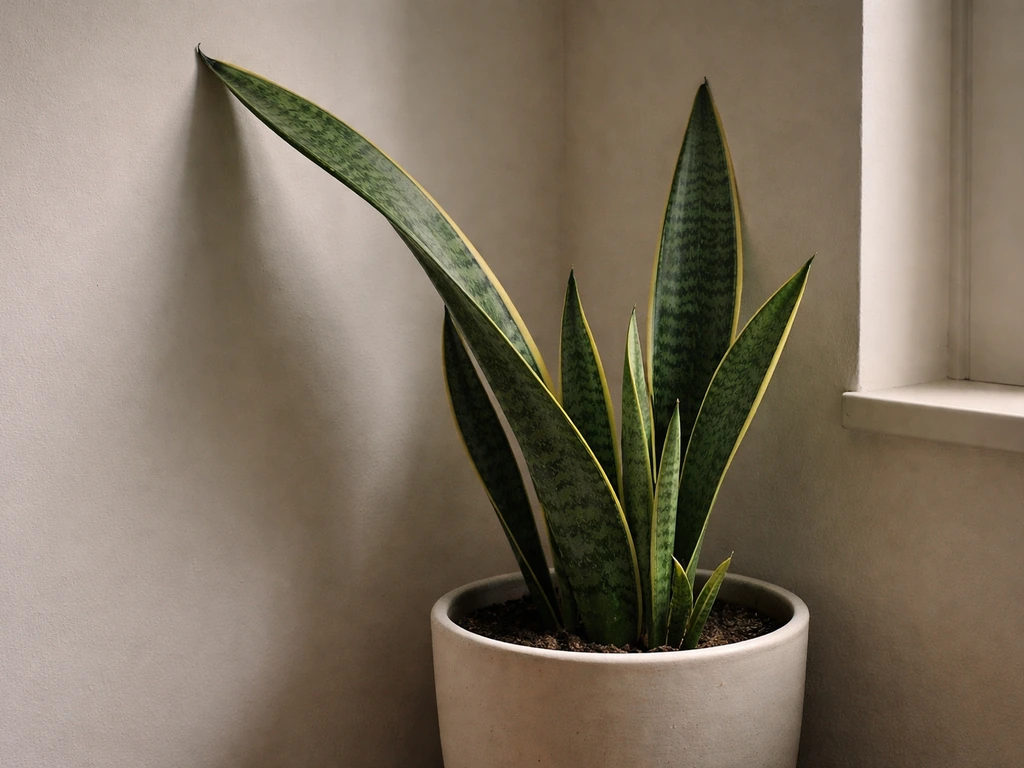 Snake plant in low light with leaves leaning toward a window, subtle dull color and slow new growth.