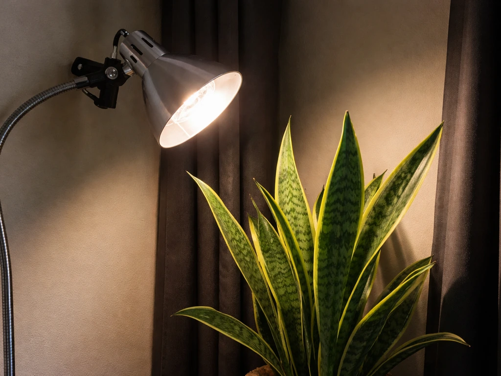 LED grow bulb in a clamp lamp placed near a snake plant in a dim room.