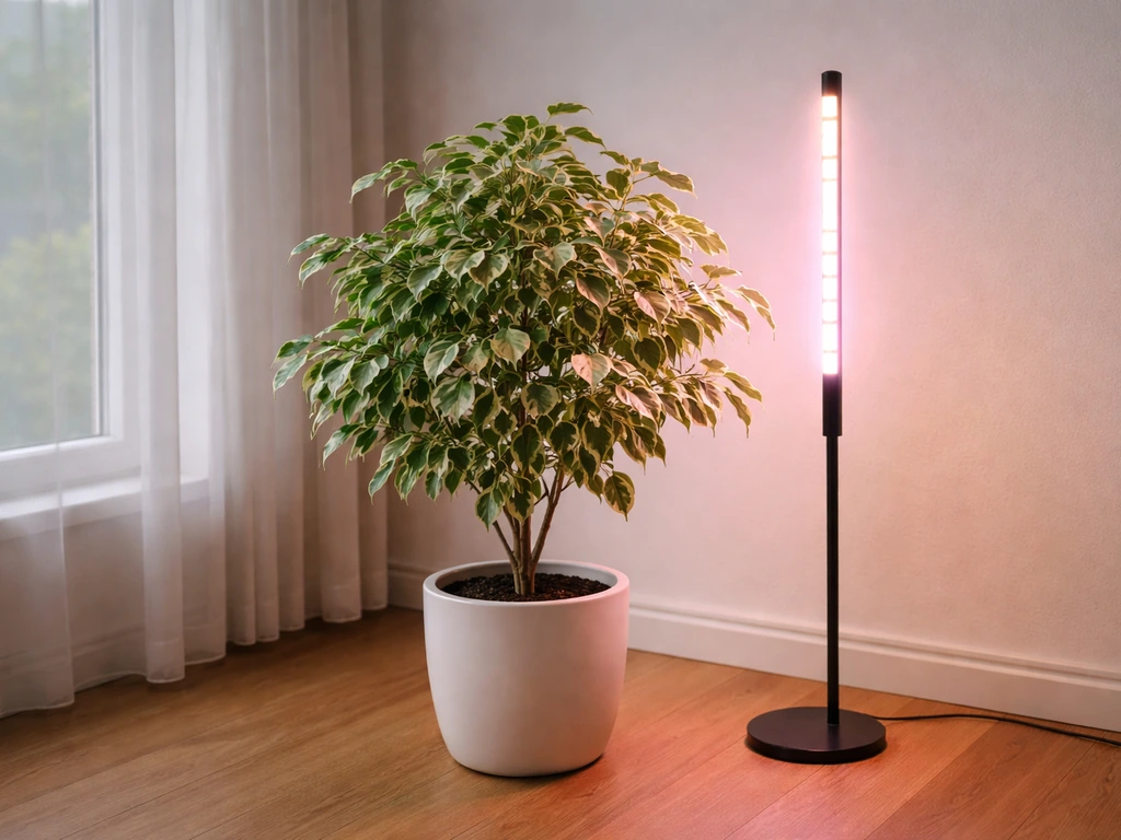 Healthy potted indoor tree near a window with an LED grow light glowing, showing growth without direct sunlight.