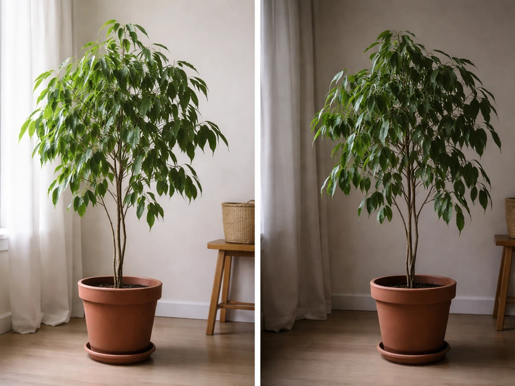 Two potted trees side-by-side: one near an indirect-light window, one farther away in dimmer light.