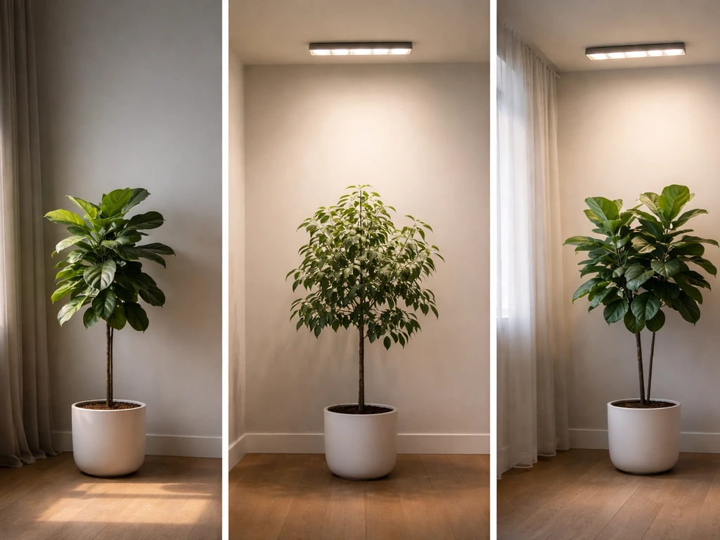 Three small indoor trees showing window-only, LED-only, and window-plus-LED lighting setup in low light.