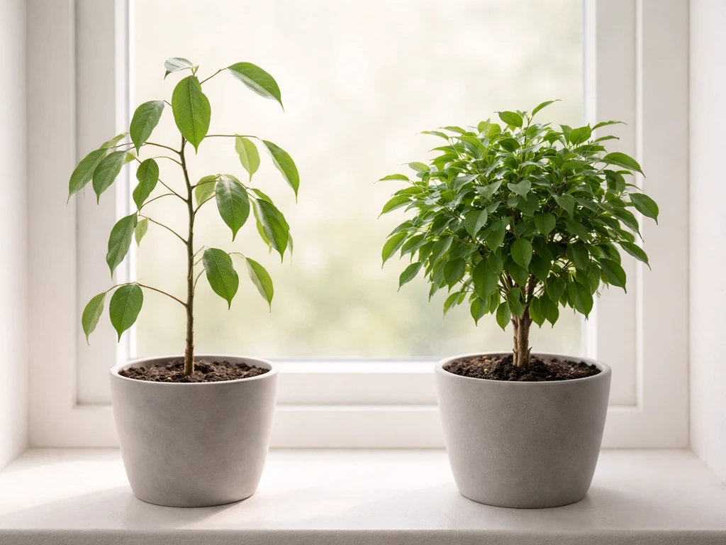 Two indoor potted indoor trees side by side: one leggy and sparse, the other compact after increased light.