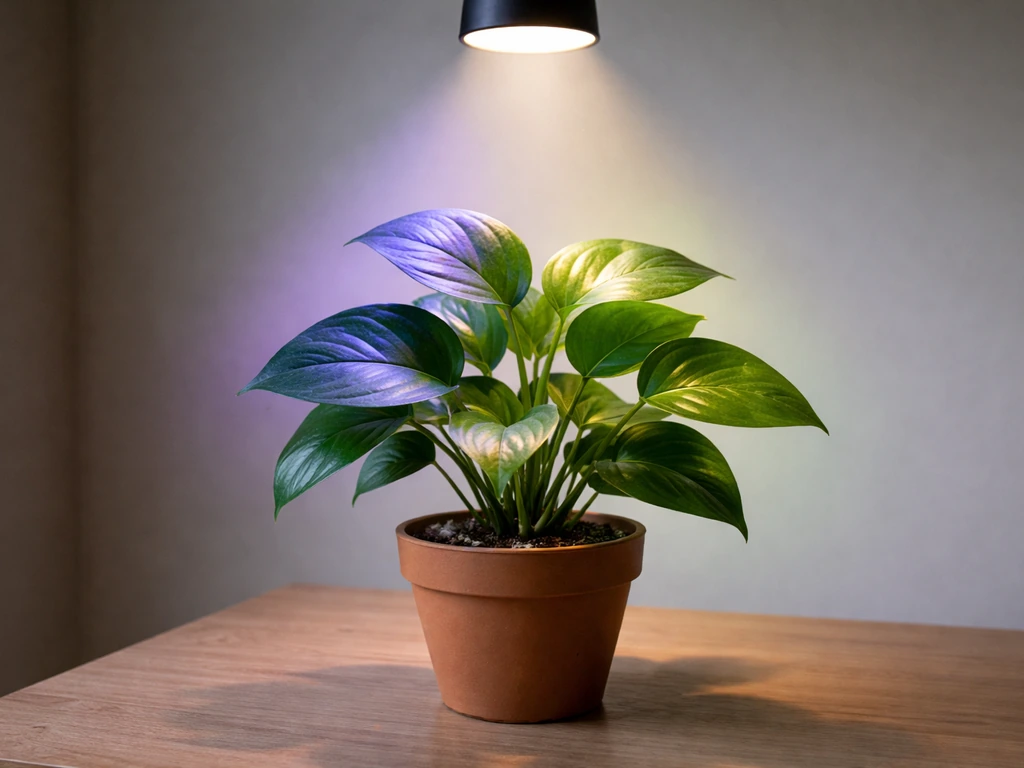 Leafy houseplant under an indoor grow light with a subtle colored light overlay suggesting UVB vs PAR.