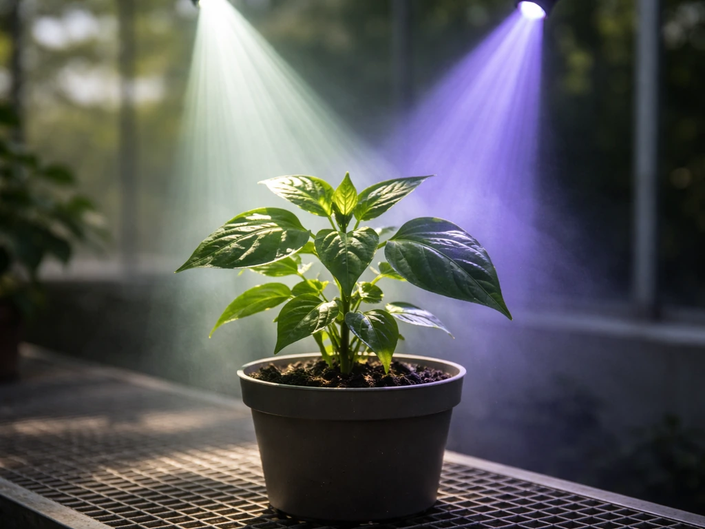 Minimal greenhouse scene with soft light beams showing visible and UV bands on plant leaves