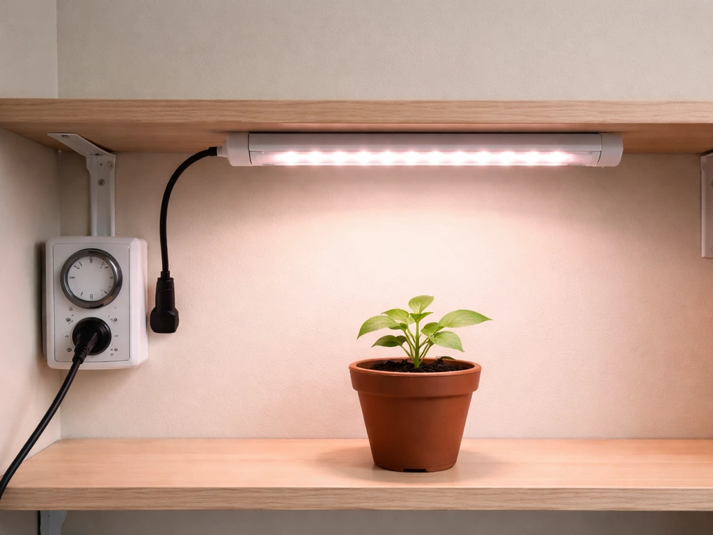 Grow light plugged into a timer with a small potted plant underneath in a minimal indoor setup.
