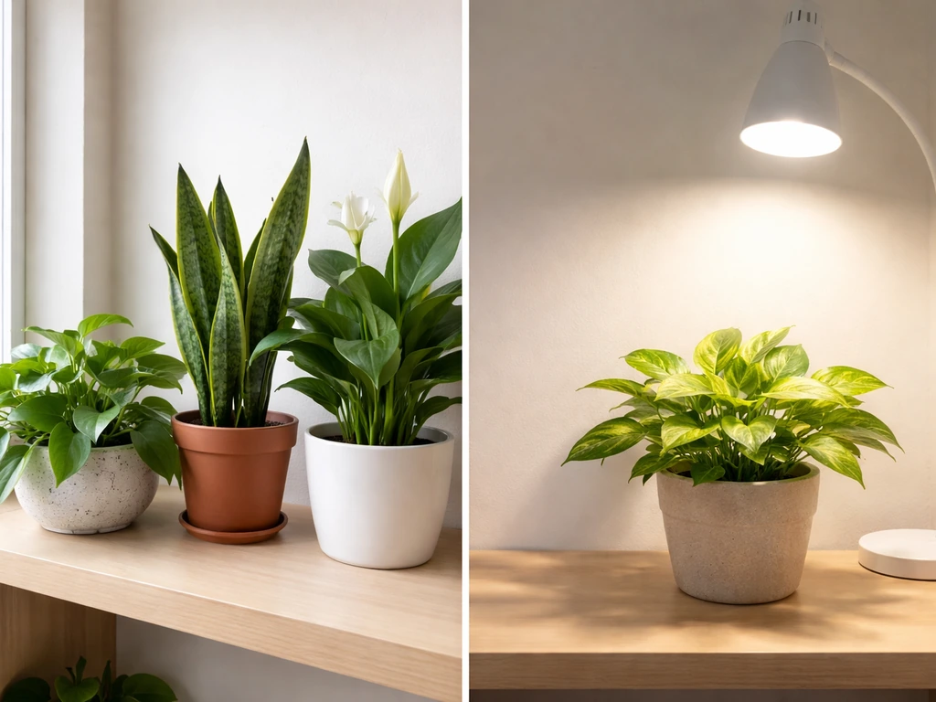 Houseplants on a shelf near a window, contrasting common plants with one plant under a bright grow lamp glow.