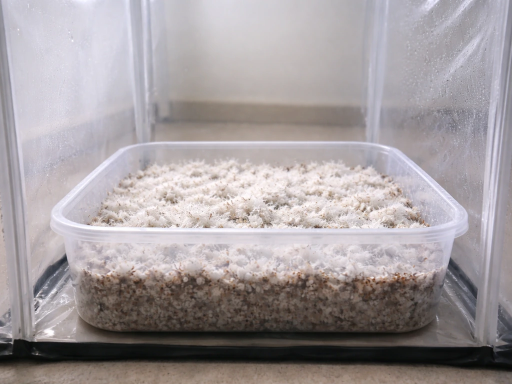 Indoor mycelium grow container in a clear tent with healthy white colonization under subtle ambient light.