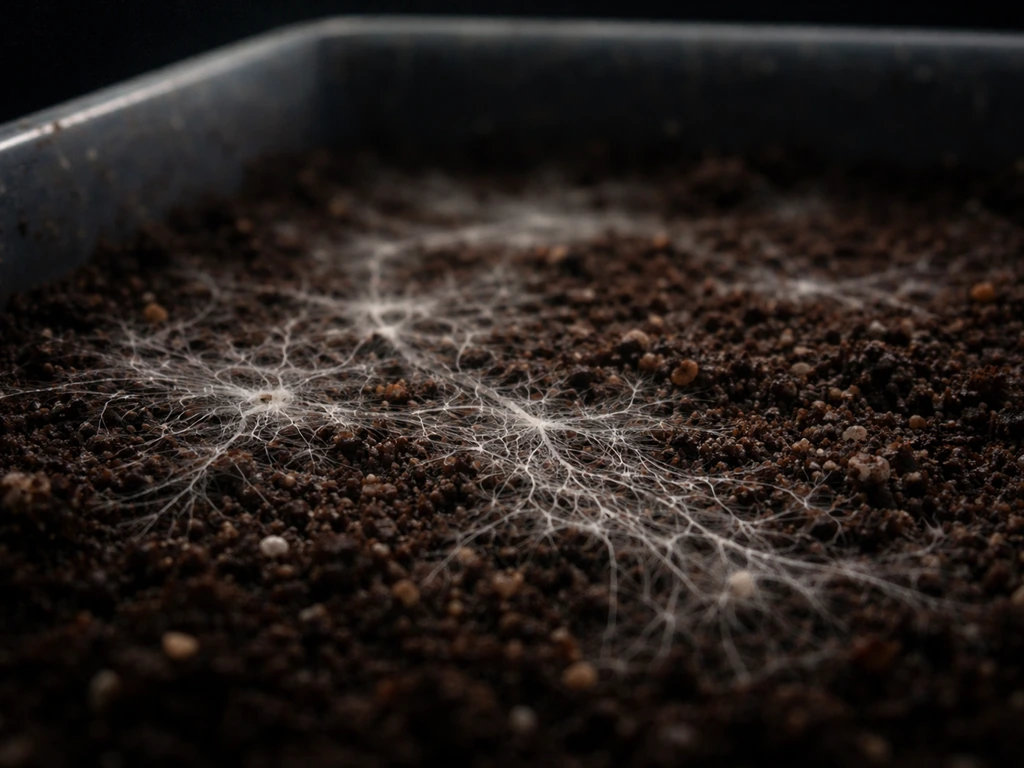 Close-up of pale mycelium spreading across dark soil-like substrate under dim, natural light