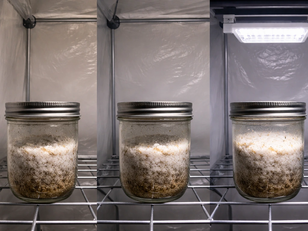Minimal indoor grow tent with glass jars of mycelium under dim ambient light and brighter LED light