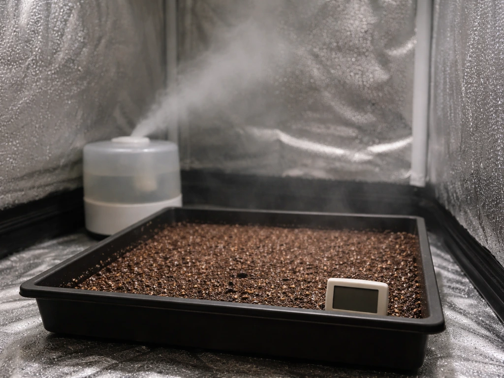 Moisture check inside an indoor grow tent with condensation near a substrate, plus a small hygrometer