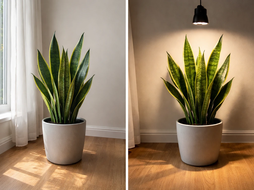 Side-by-side snake plant by a bright window and under a grow light, showing different lighting.