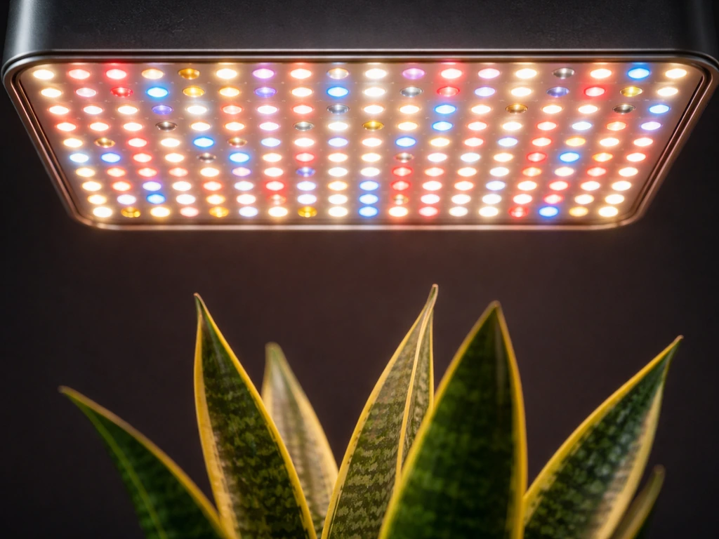 Close-up of a broad-spectrum LED grow light with visible blue and red diodes against a dark background.