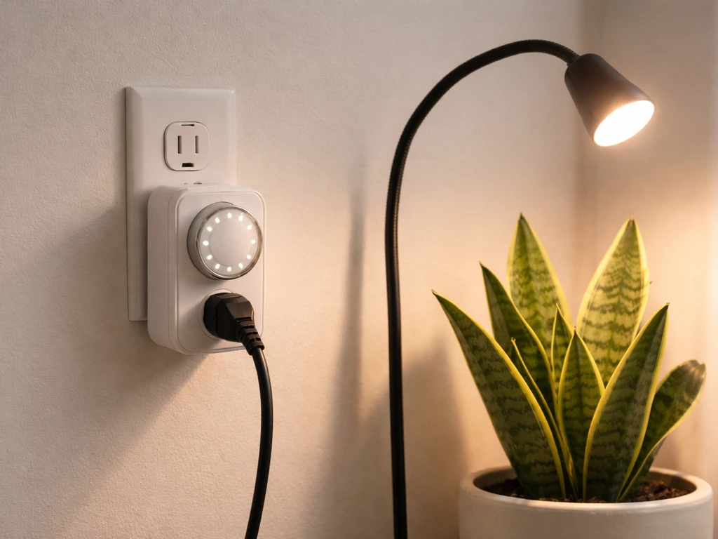Plug-in grow light timer controlling a snake plant grow light with the lamp turned on.