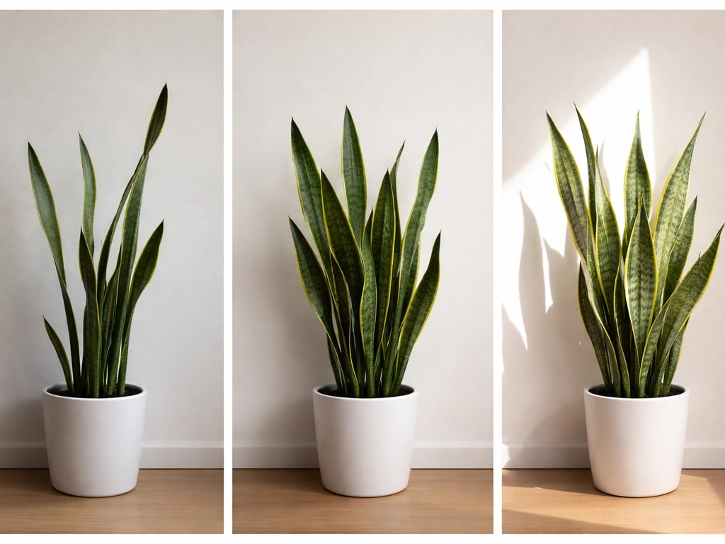 Triptych photo: snake plant stretching in low light, healthy in good light, and bleached in too much sun.