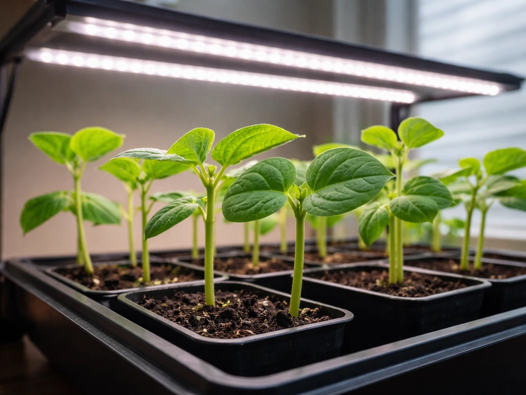 Indoor bean seedlings under a visible LED grow light, showing green growth toward artificial light.