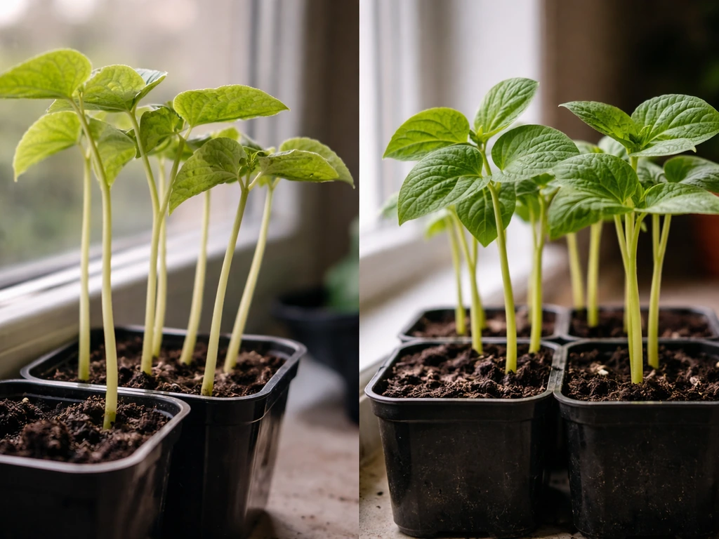 Split close-up of bean seedlings: one leggy and pale, the other compact and greener.