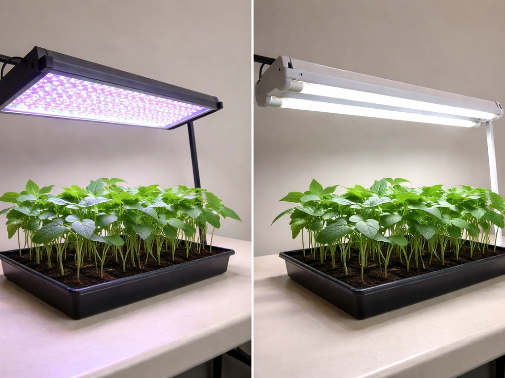 Side-by-side LED and fluorescent lights shining on matching bean seedling trays.
