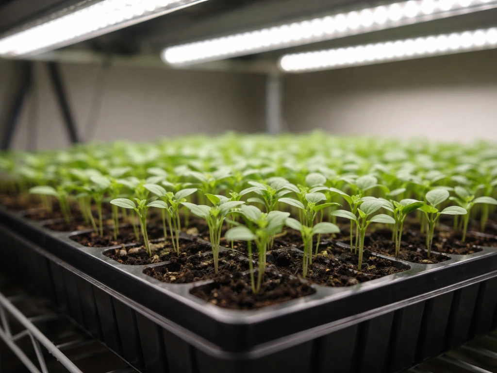 Seedling tray under closely spaced grow lights with dense, healthy seedlings.