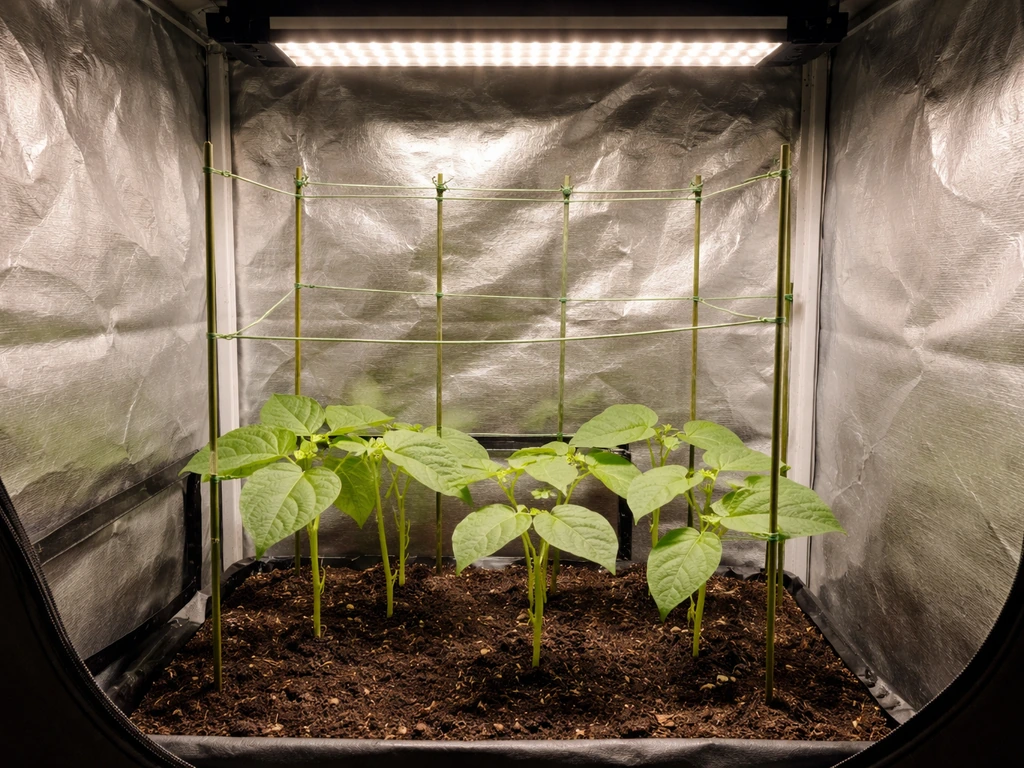 Compact reflective grow tent with a few bean seedlings and an LED bar overhead.