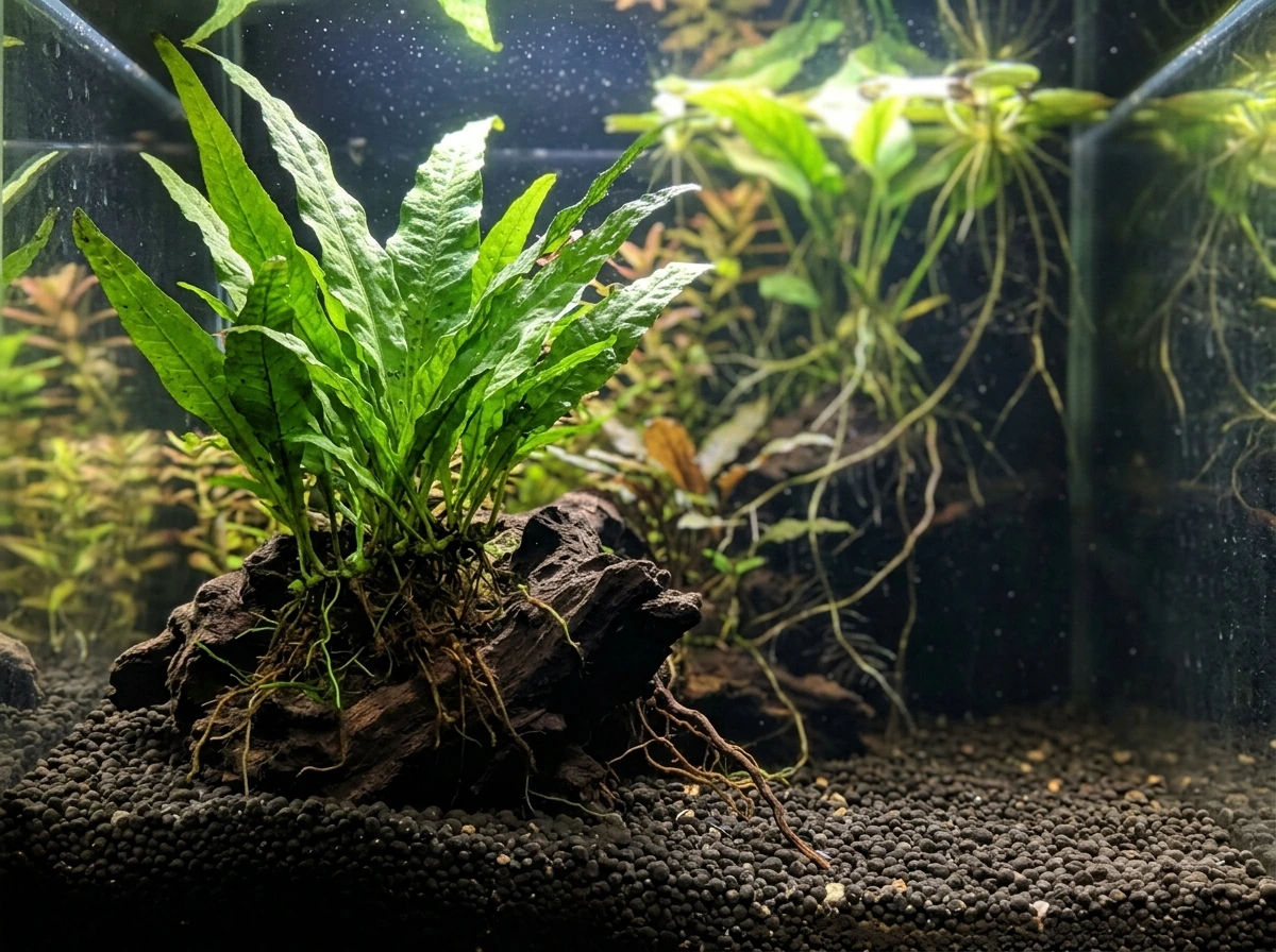 Rooted aquarium plants lit from above with visible light gradient