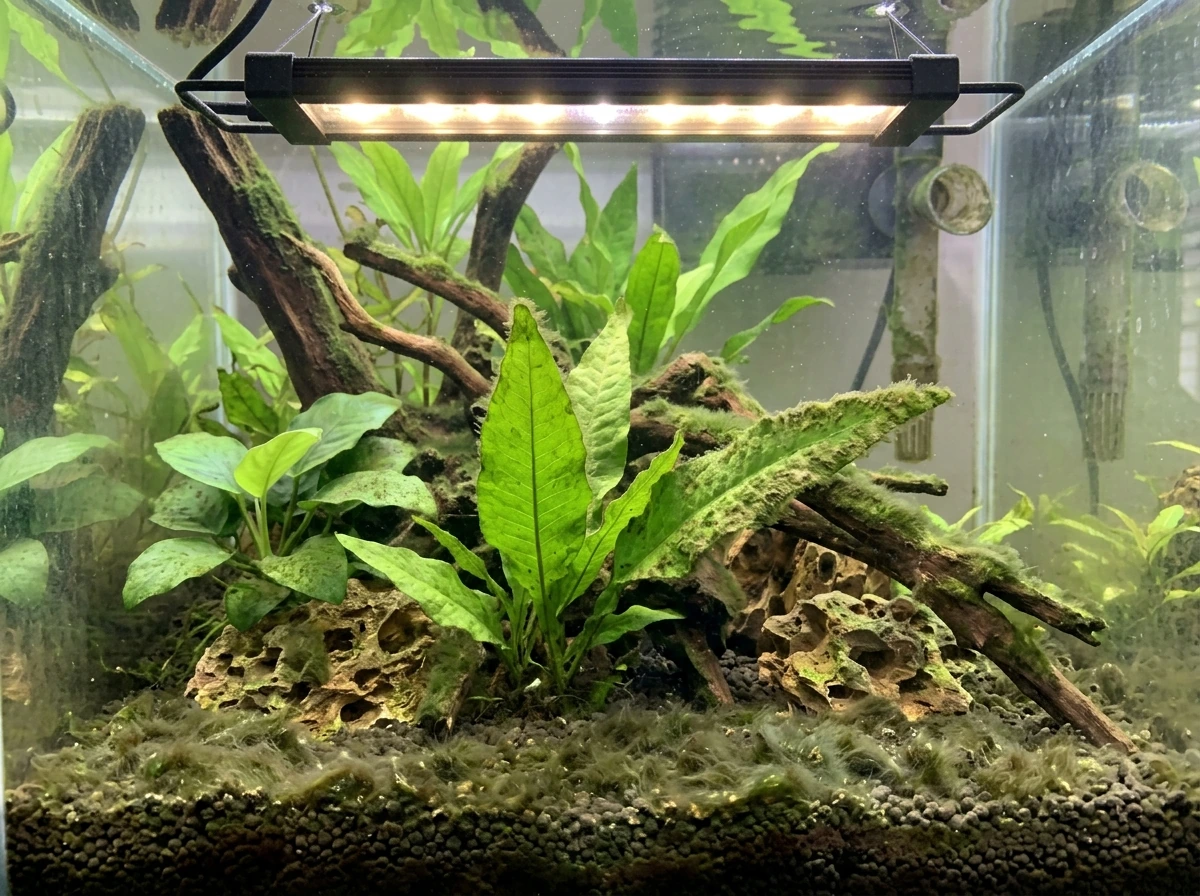 Algae outbreak on substrate in an LED-lit planted aquarium