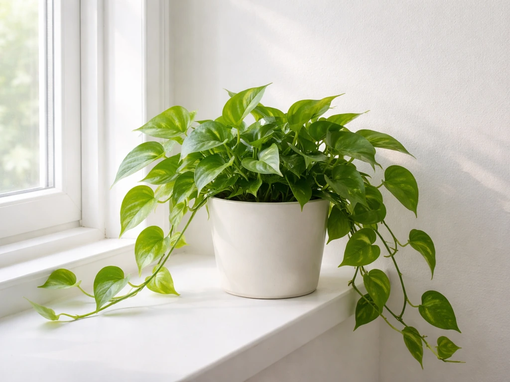 Green pothos leaves thriving near a bright window in soft indirect light.