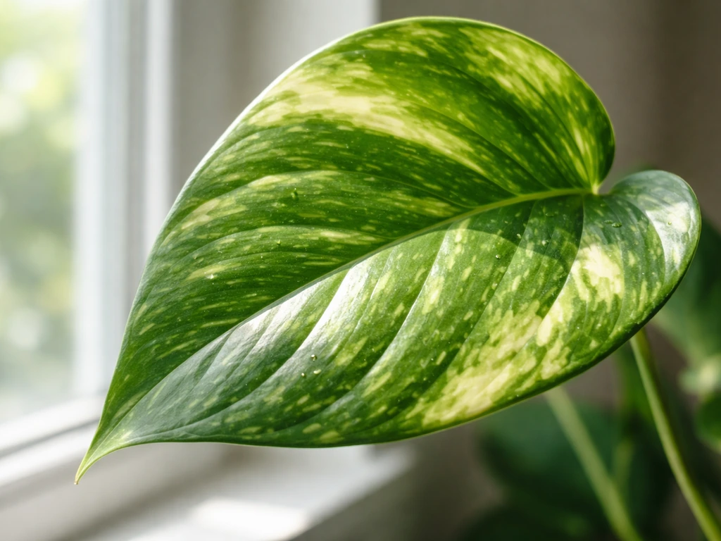 Close-up pothos leaf in bright indirect light with soft shadows highlighting its surface texture.