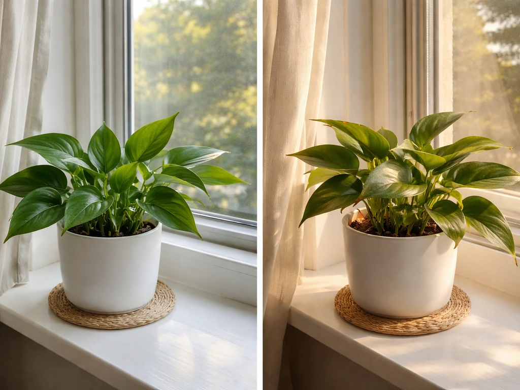 Two pothos plants by windows: one in gentle morning light, one in harsh afternoon sun with slight leaf stress.