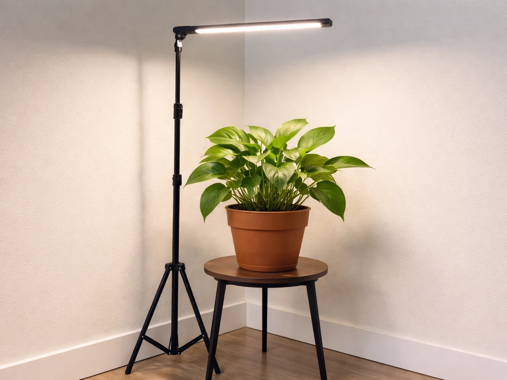 LED grow light bar on a stand above a pothos in a pot, showing adjustable height and light-to-plant distance.