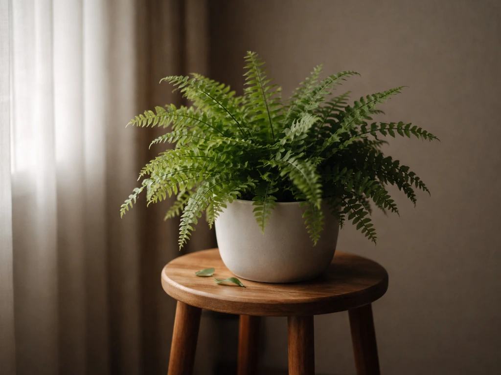 Lush indoor fern in a dim corner near sheer curtains, softly lit by indirect light.
