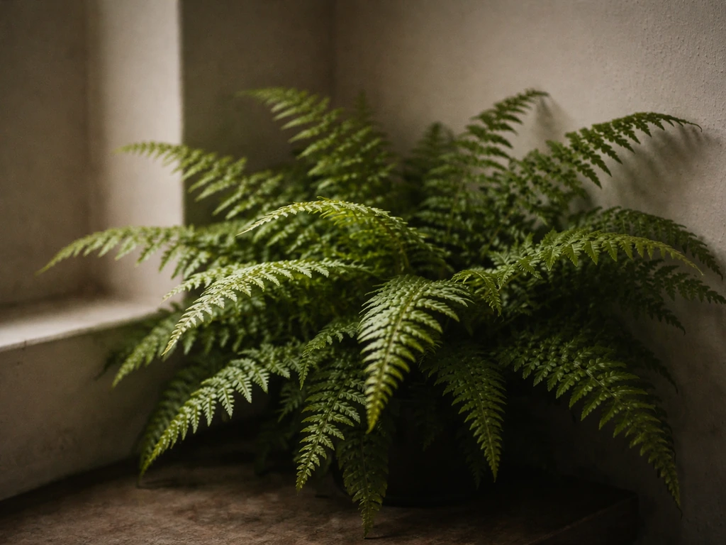 Close-up of a fern in a dim indoor corner, delicate fronds backlit with soft low-light ambiance.