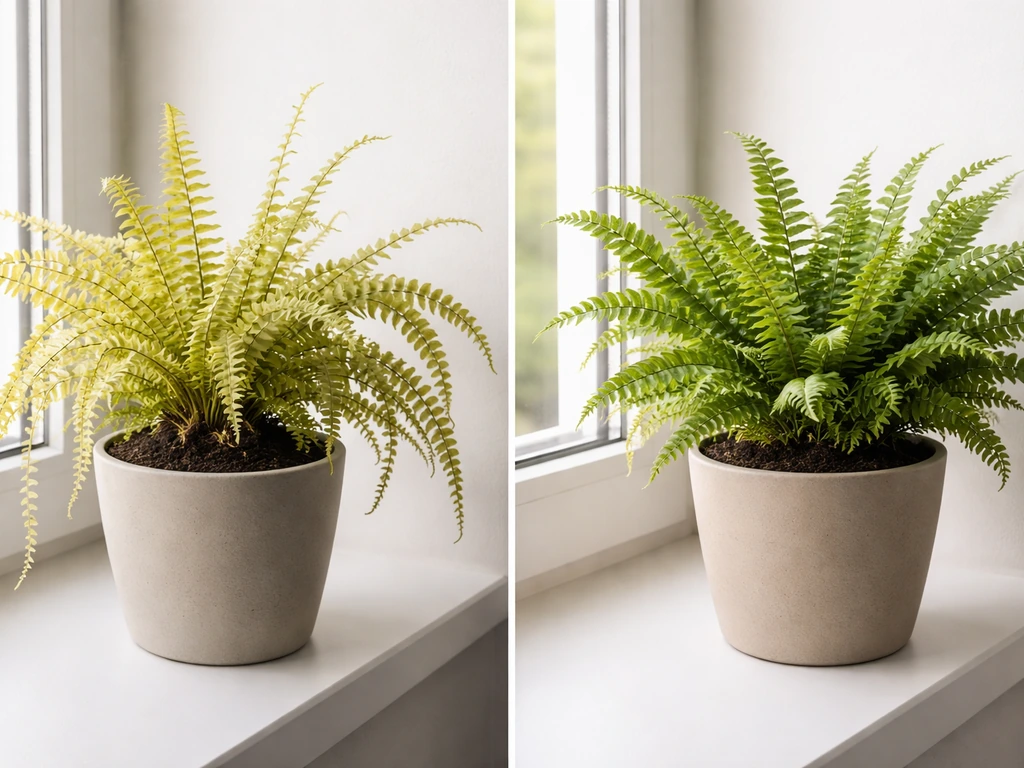 Side-by-side ferns: pale, washed-out fronds on the left and a healthier, greener fern on the right.