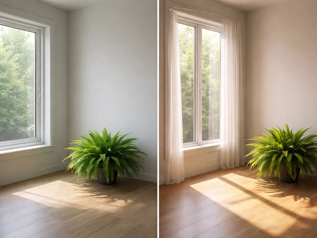 Two ferns by different windows—north side softly lit, west/south side brighter—to show low-light placement.
