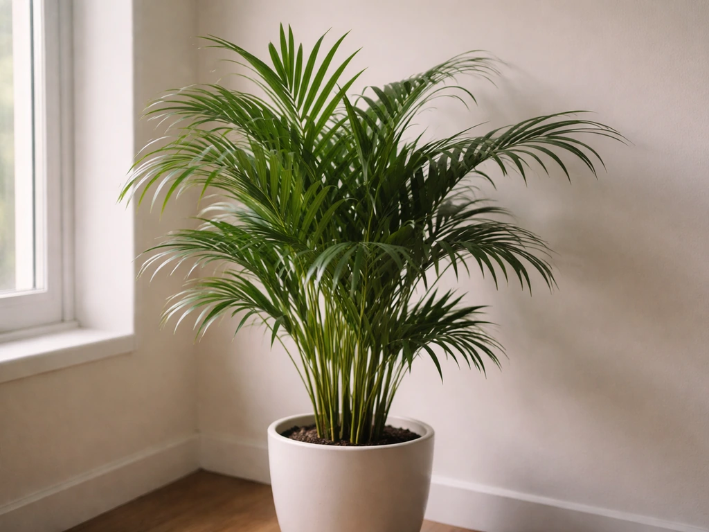 Indoor areca palm in a dim room thriving beside a window with soft ambient light