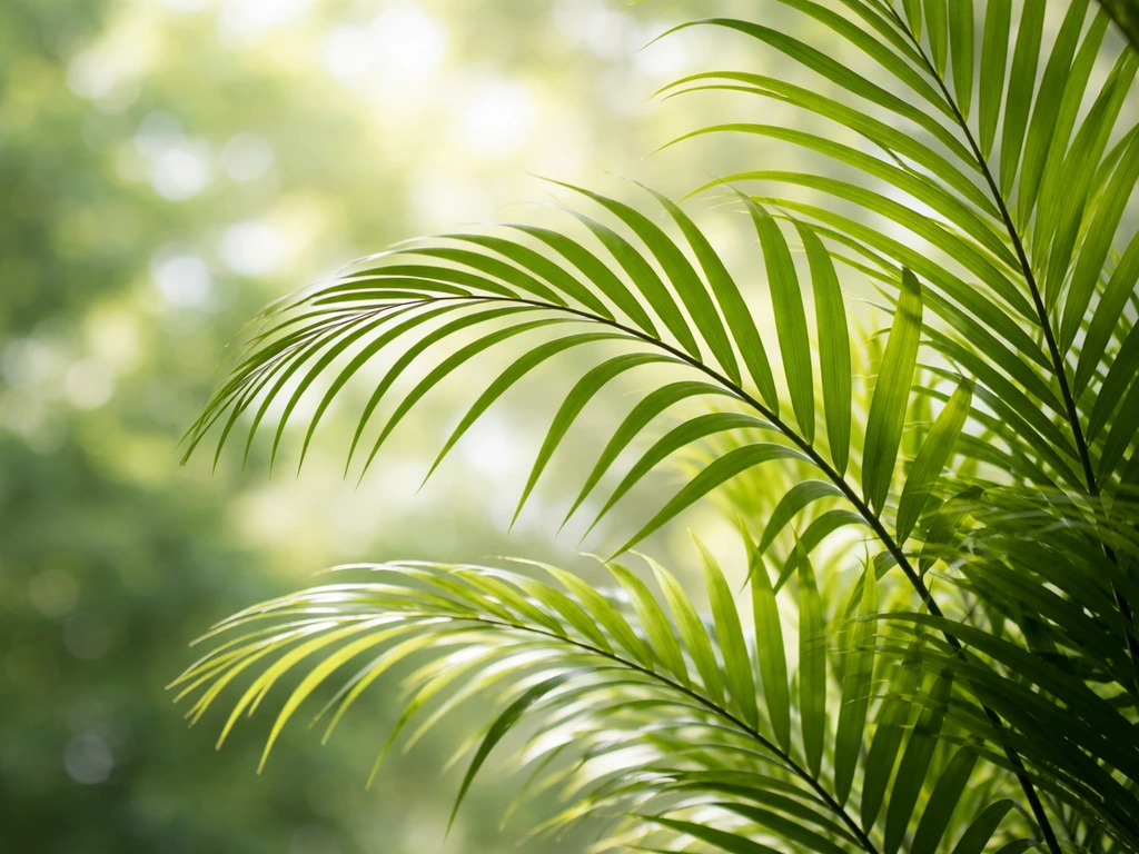 Areca palm fronds in bright filtered sunlight with soft shadows from a nearby window or canopy