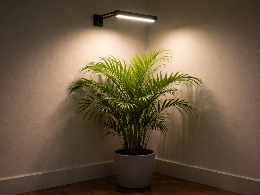 An LED grow light glowing above an areca palm in a dim room, illuminating the leaves.