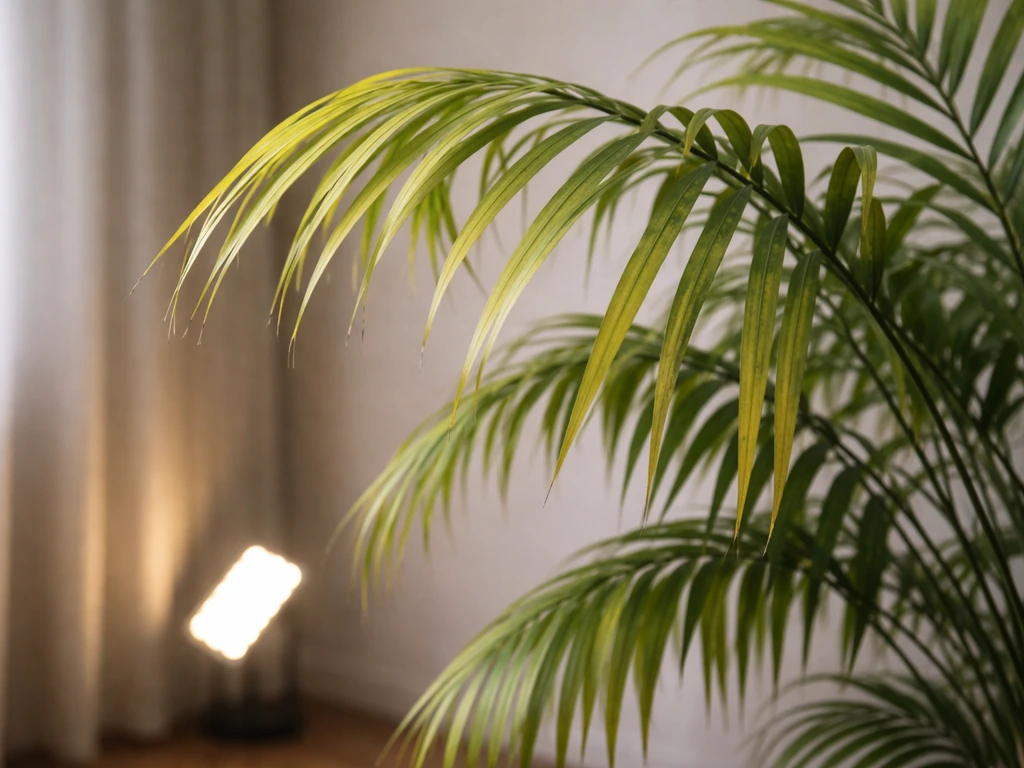 Close-up of areca palm fronds showing early low-light symptoms, droopy and pale green in a simple indoor spot.