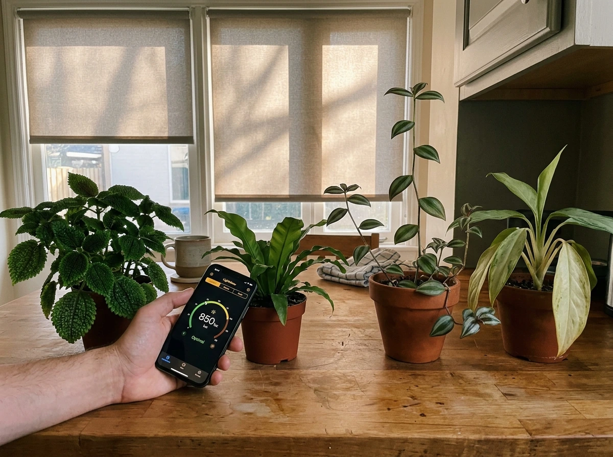 Three houseplants under different winter light levels with a phone light meter reading