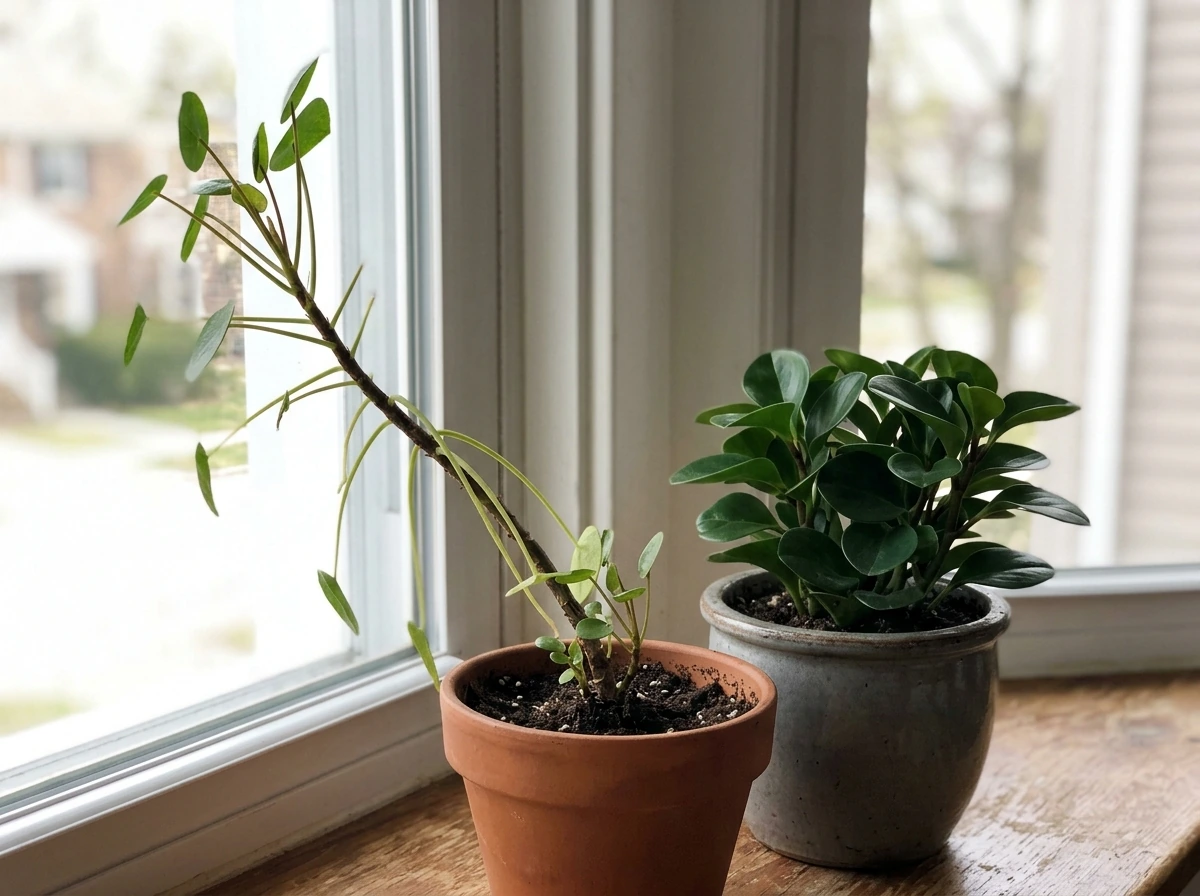 Close-up of a leggy plant stretching toward the window in winter